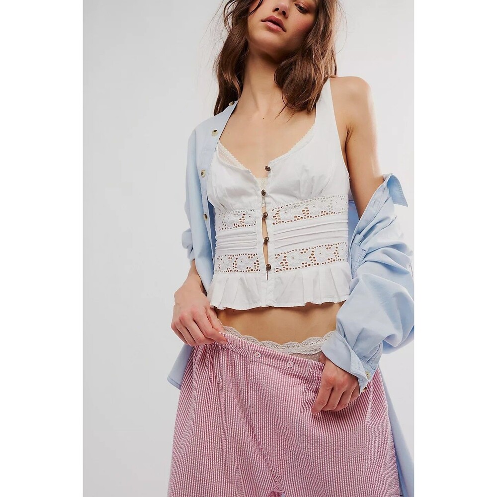 Free People Kianna Lace Tank Blouse Top Embroidered Eyelet White Cotton M 286989